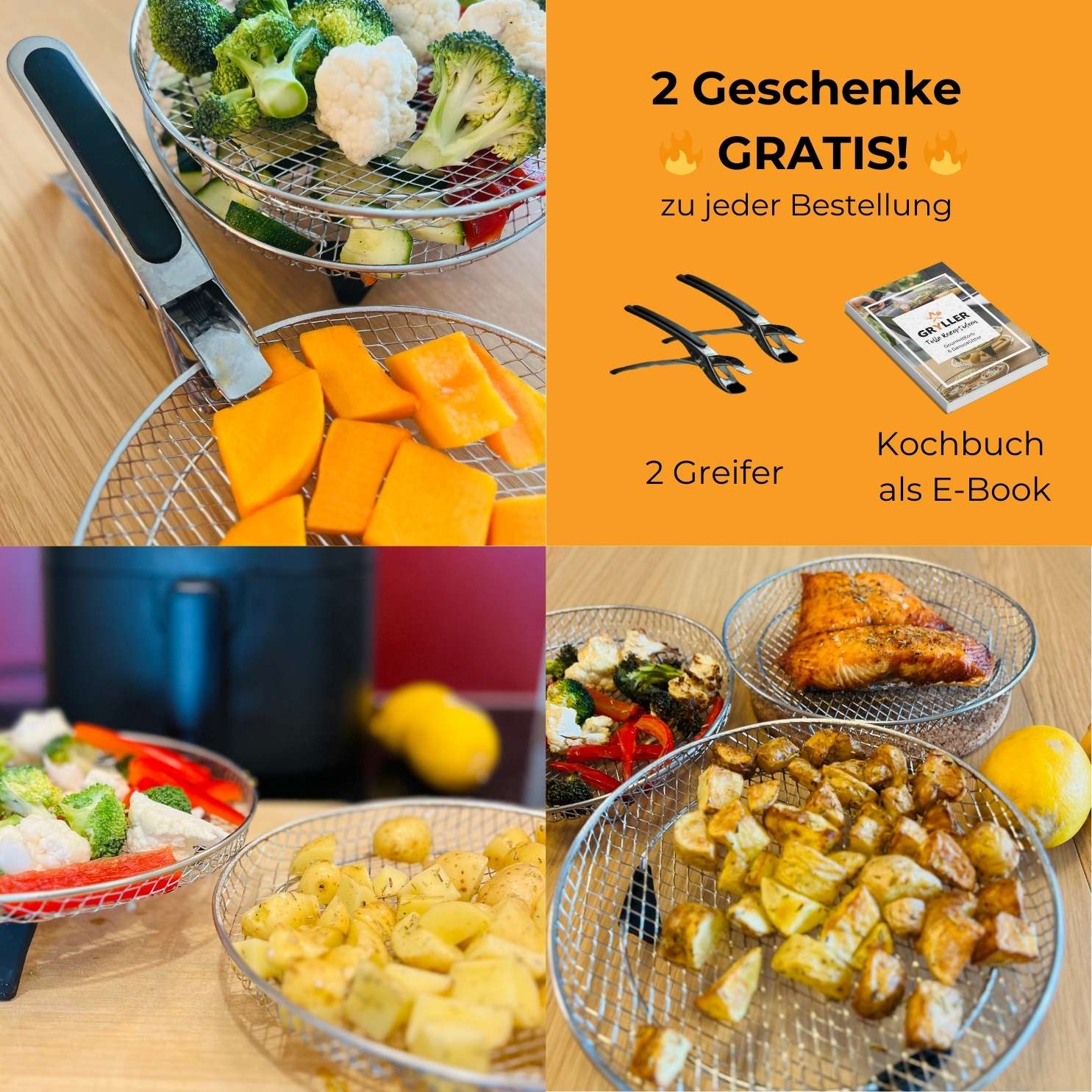 Grille de cuisson (3 pièces) + 2 pinces