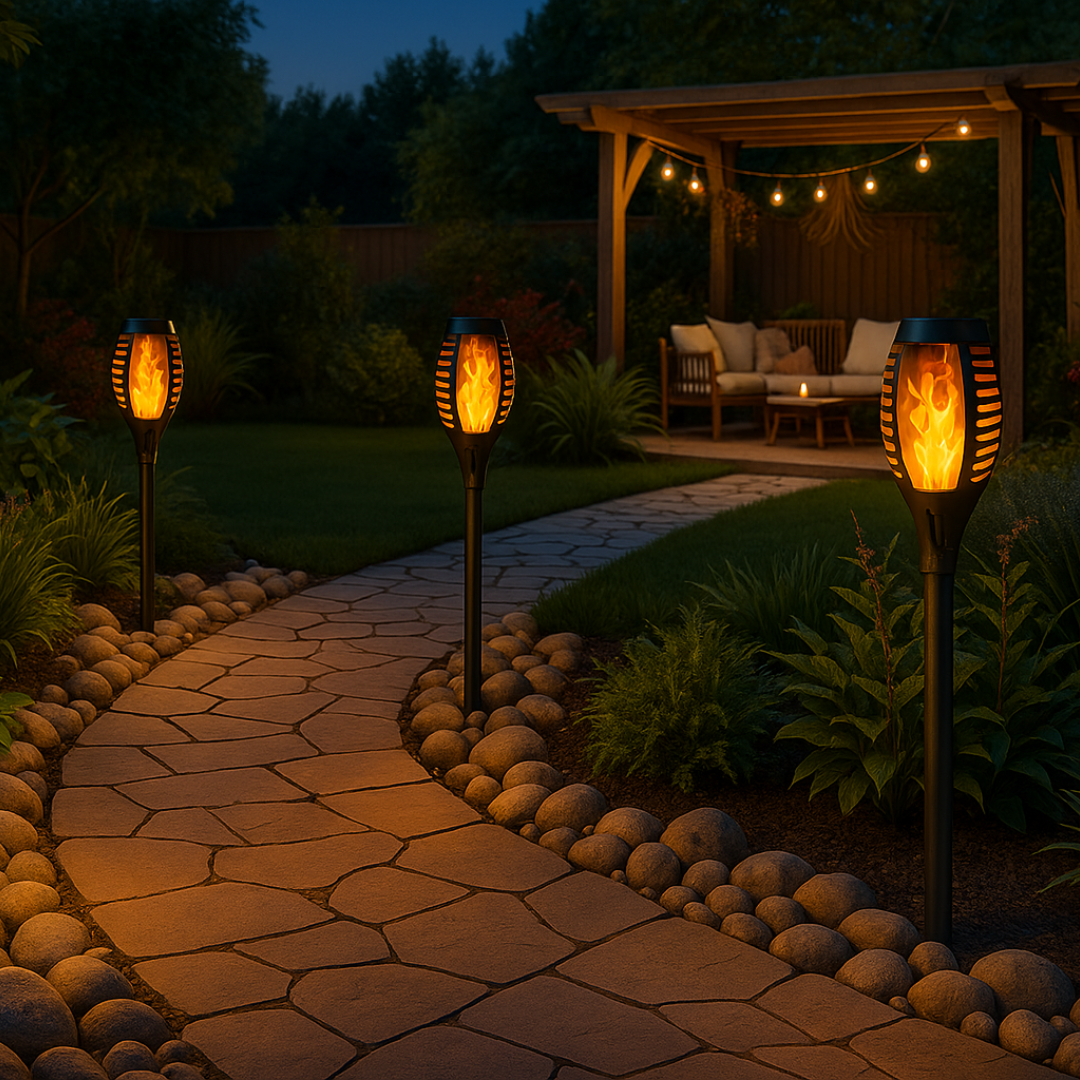Realistic flame in solar-powered lamp, 2 pieces