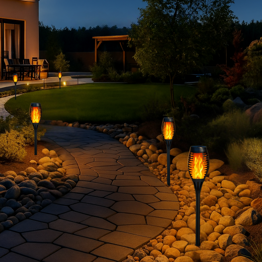 Realistic flame in solar-powered lamp, 2 pieces