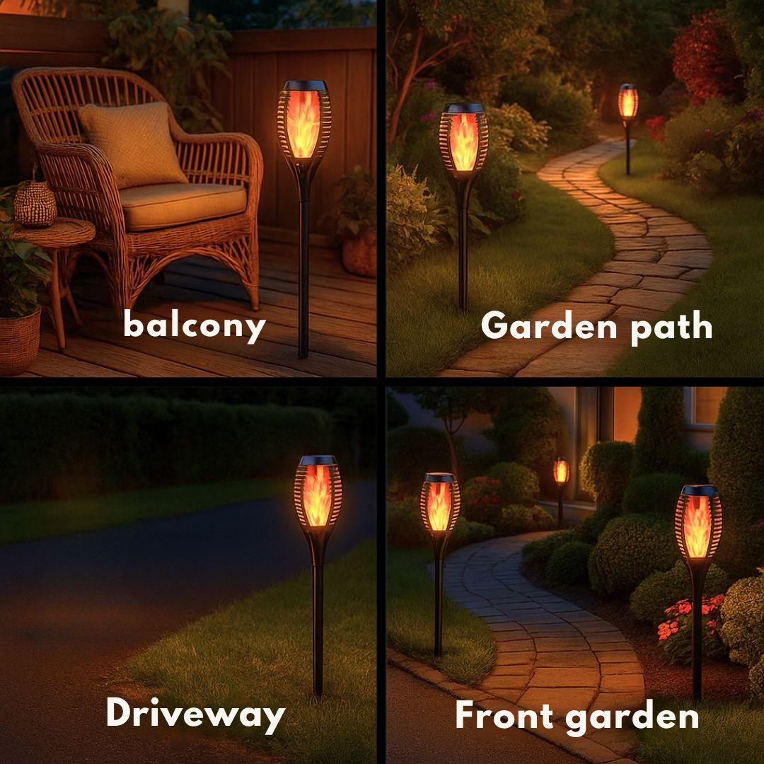 Realistic flame in solar-powered lamp, 2 pieces